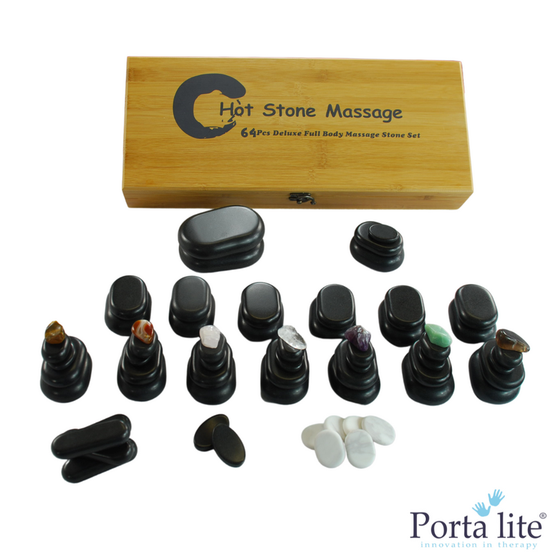 64 Piece Hot Stone Massage Set with Bamboo Presentation Box